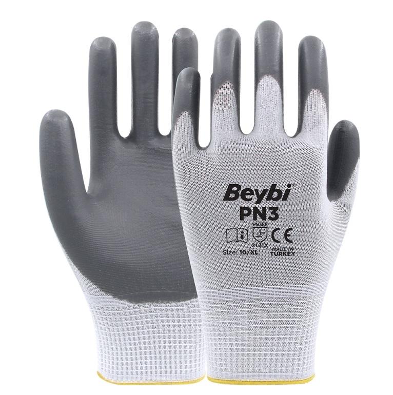 Beybi PN3 Gri Polyester Örme Nitril Eldiven